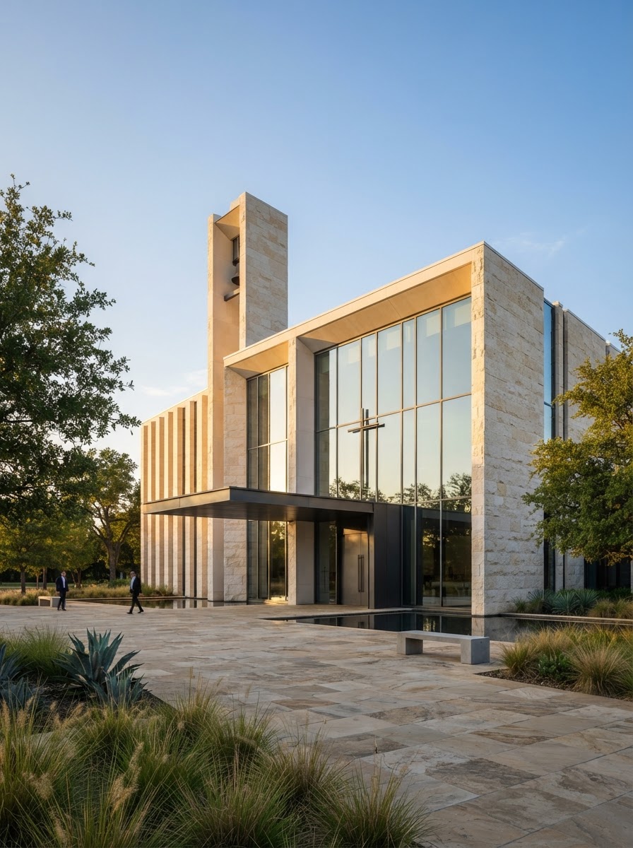 Modern church exterior with stone facade