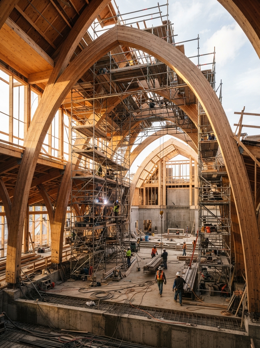 Church construction site with exposed arches