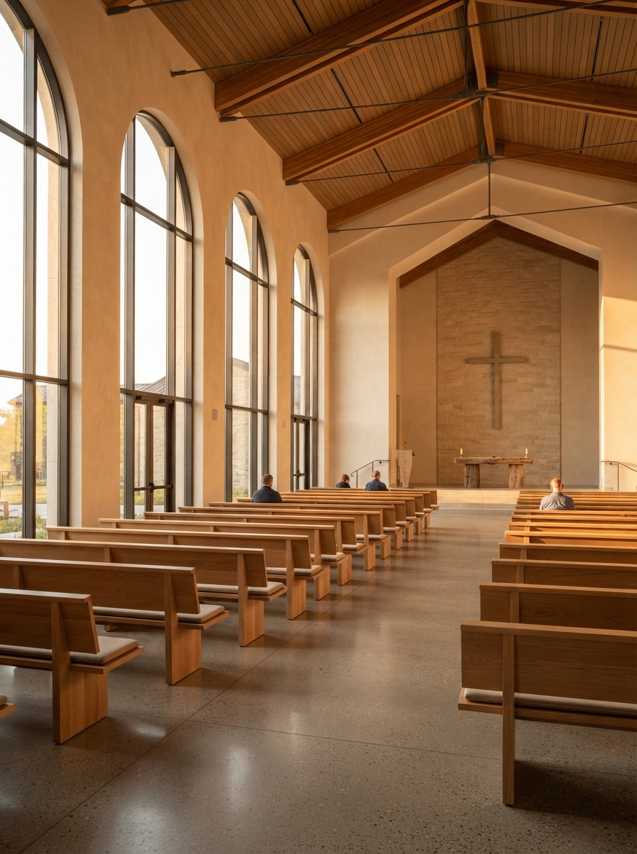 Church sanctuary interior with arched windows