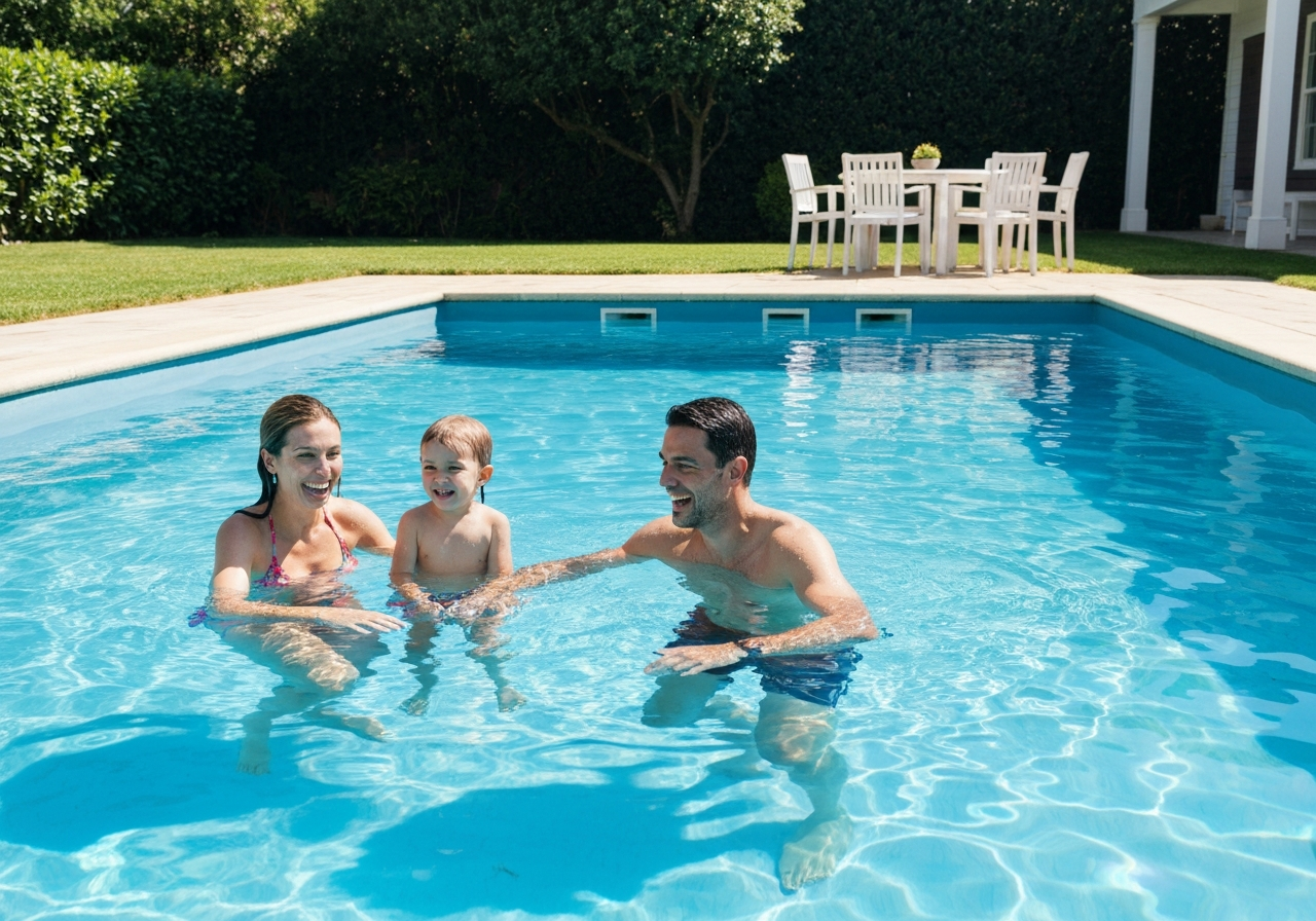 Happy family in pool