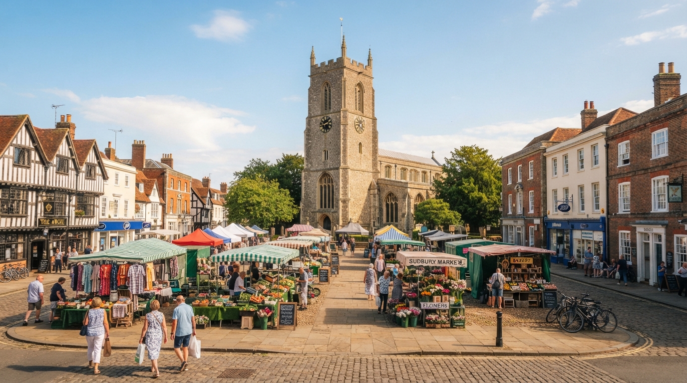 Sudbury Market Hill with St Peter's Church and Gainsborough statue in Suffolk