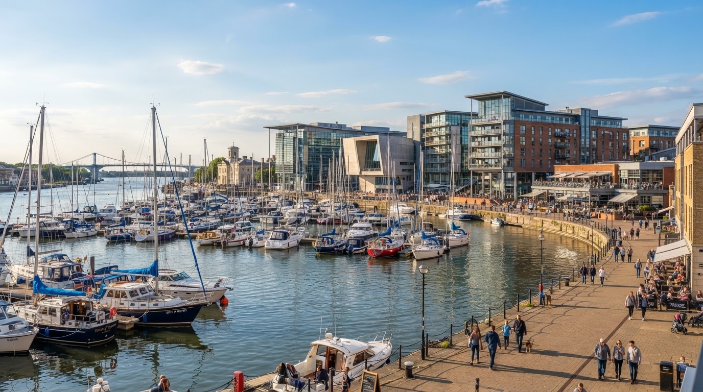 Ipswich Waterfront marina with modern buildings and boats in Suffolk