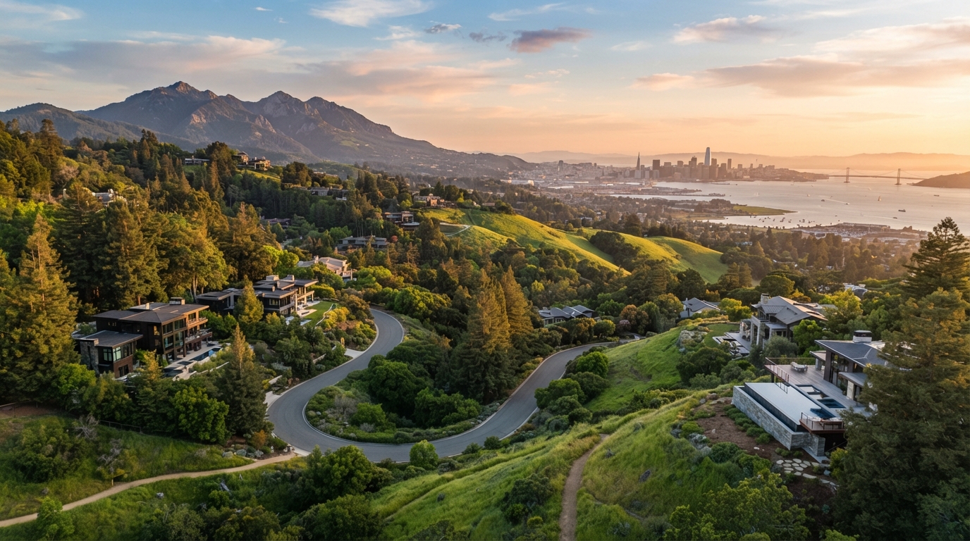 Marin County hills with luxury homes and Mount Tamalpais