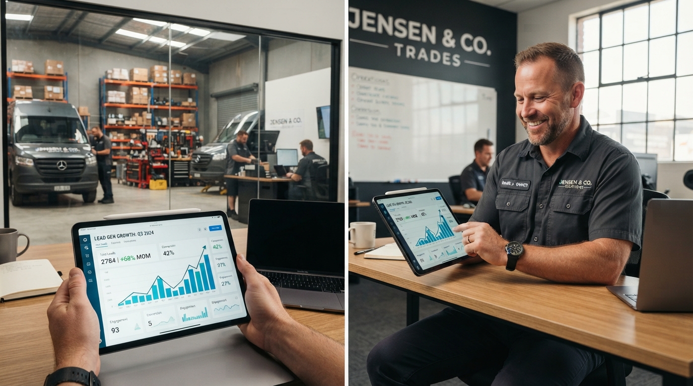 Business owner reviewing lead generation results on a tablet