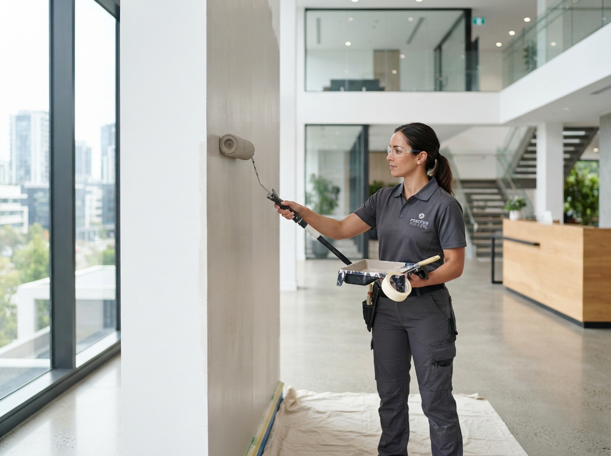 Painter decorating a modern interior wall
