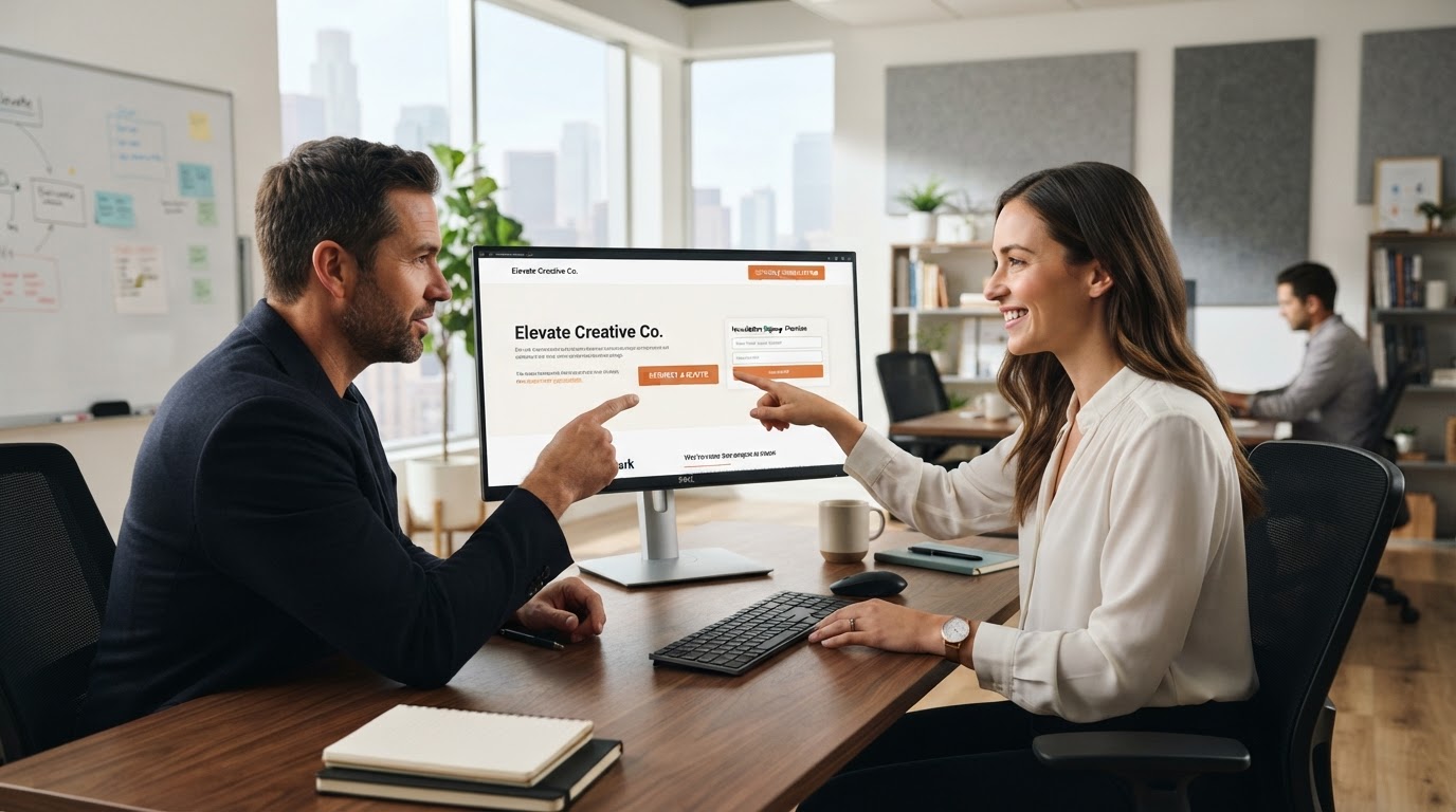 Web designer and business owner reviewing a new website design together