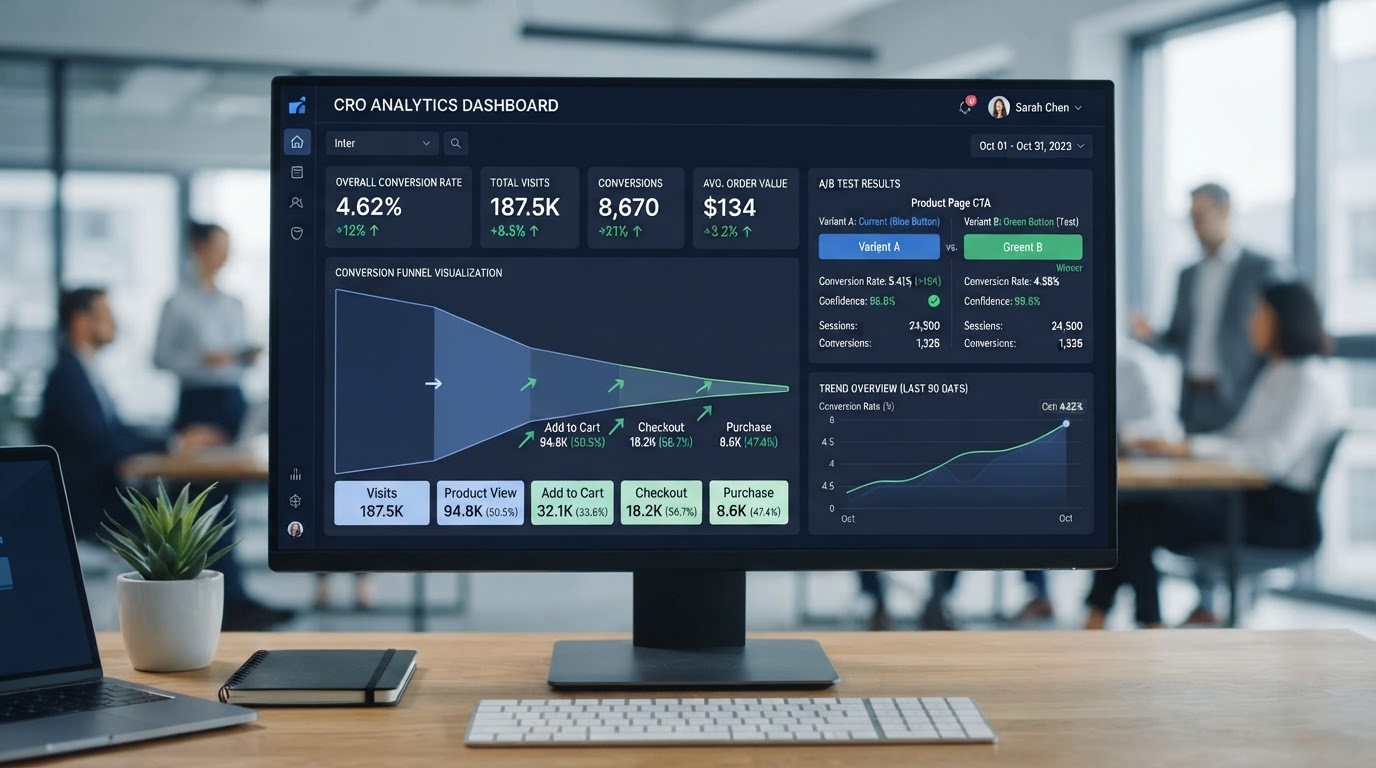 Conversion rate optimisation dashboard showing A/B test results and funnel analytics