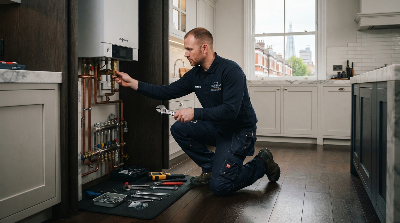 Plumber working in a modern home