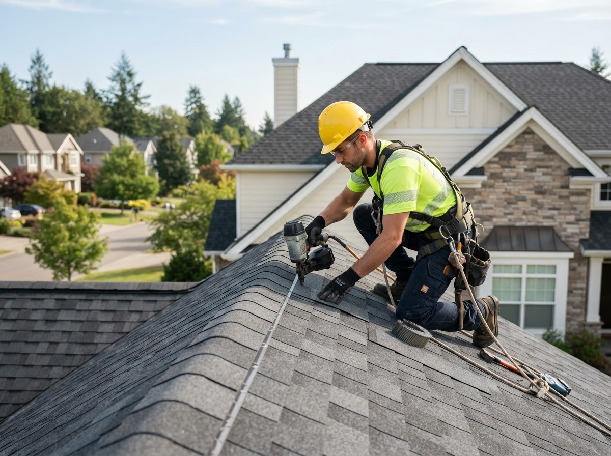 Roofer working on a residential roof