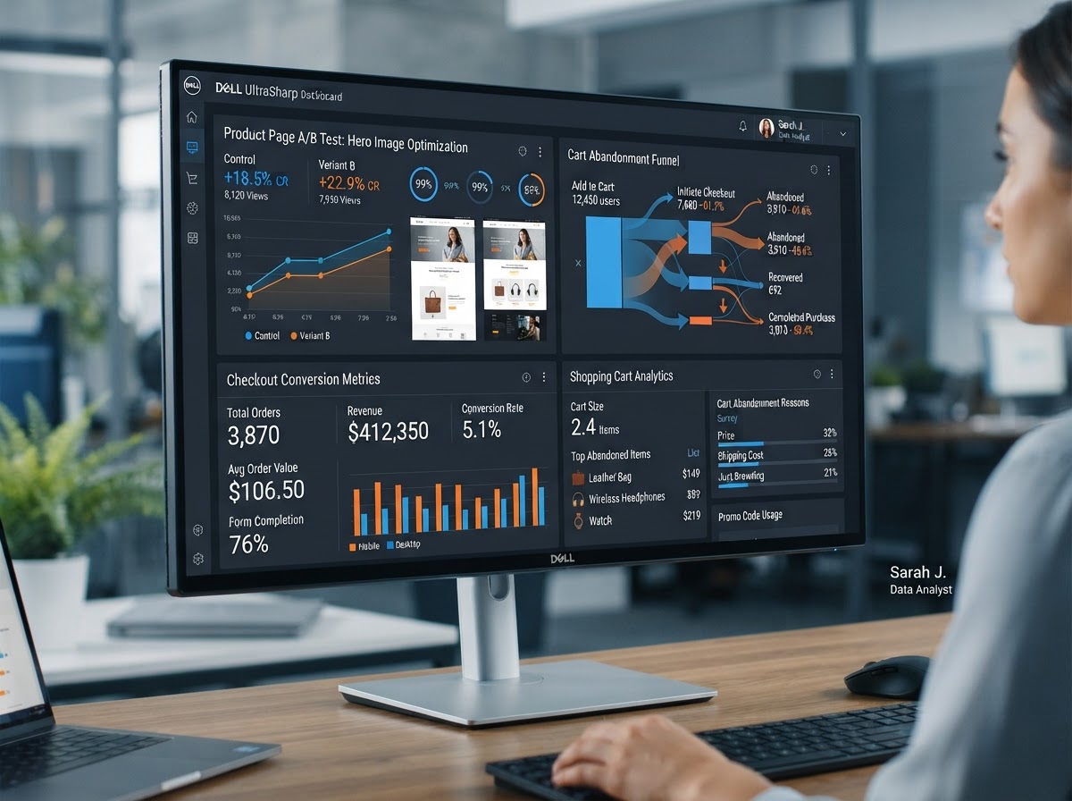 Ecommerce conversion optimisation dashboard showing product page A/B tests and checkout funnel analytics