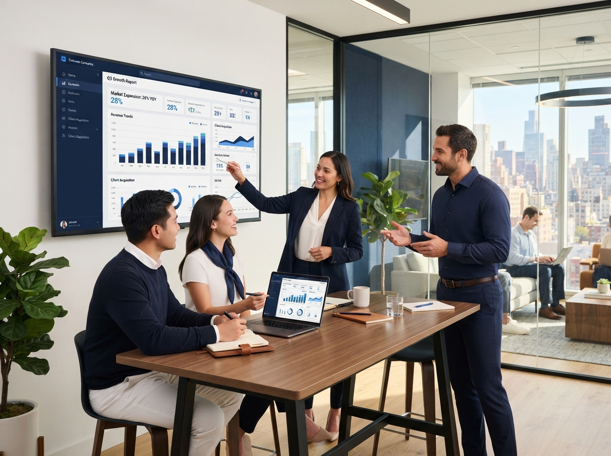 Business Relauncher team reviewing growth analytics