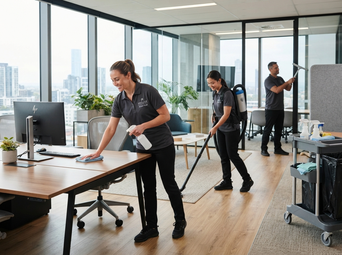 Professional cleaning team working in a modern office