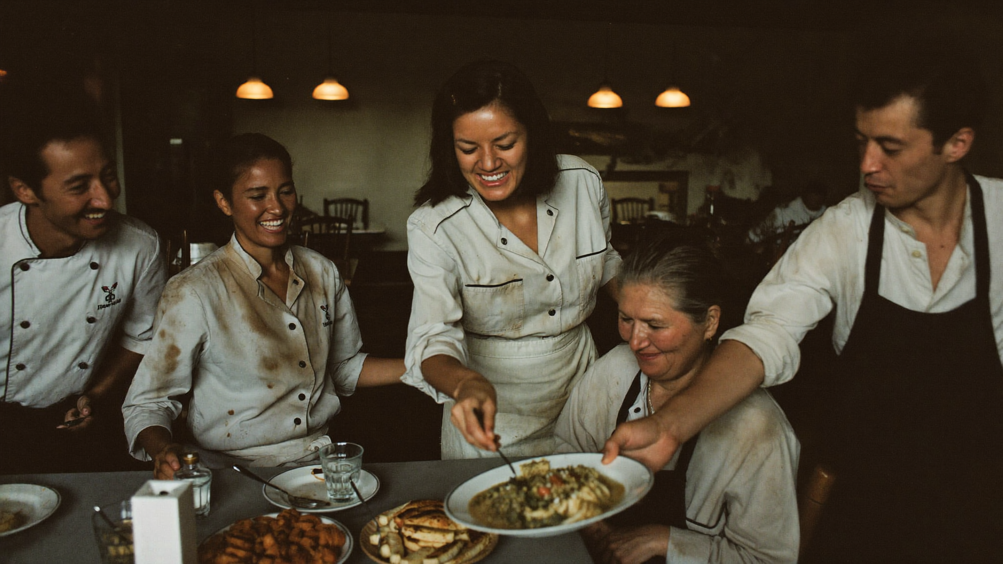 Kitchen team celebrating around a family-style dinner