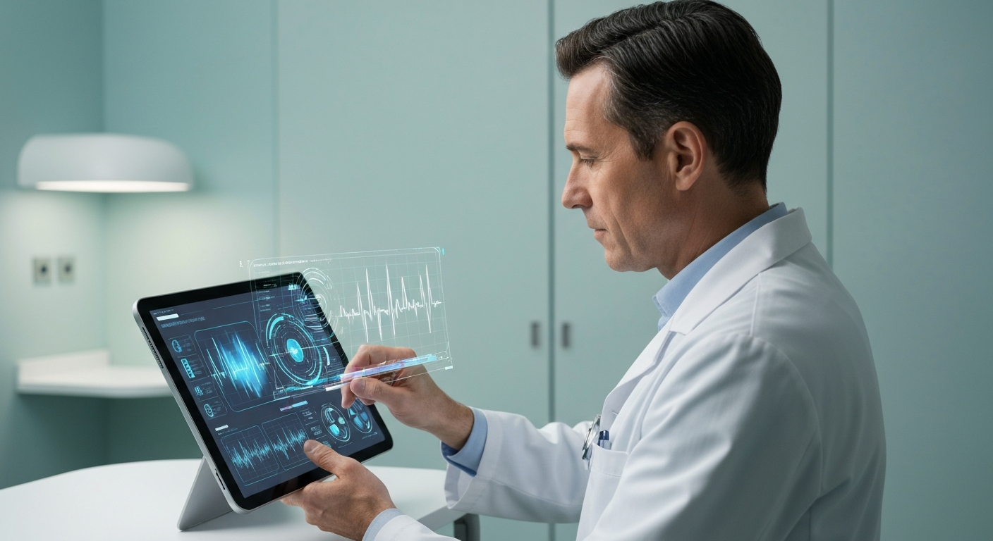 A doctor using a futuristic but realistic tablet with AI health data overlays