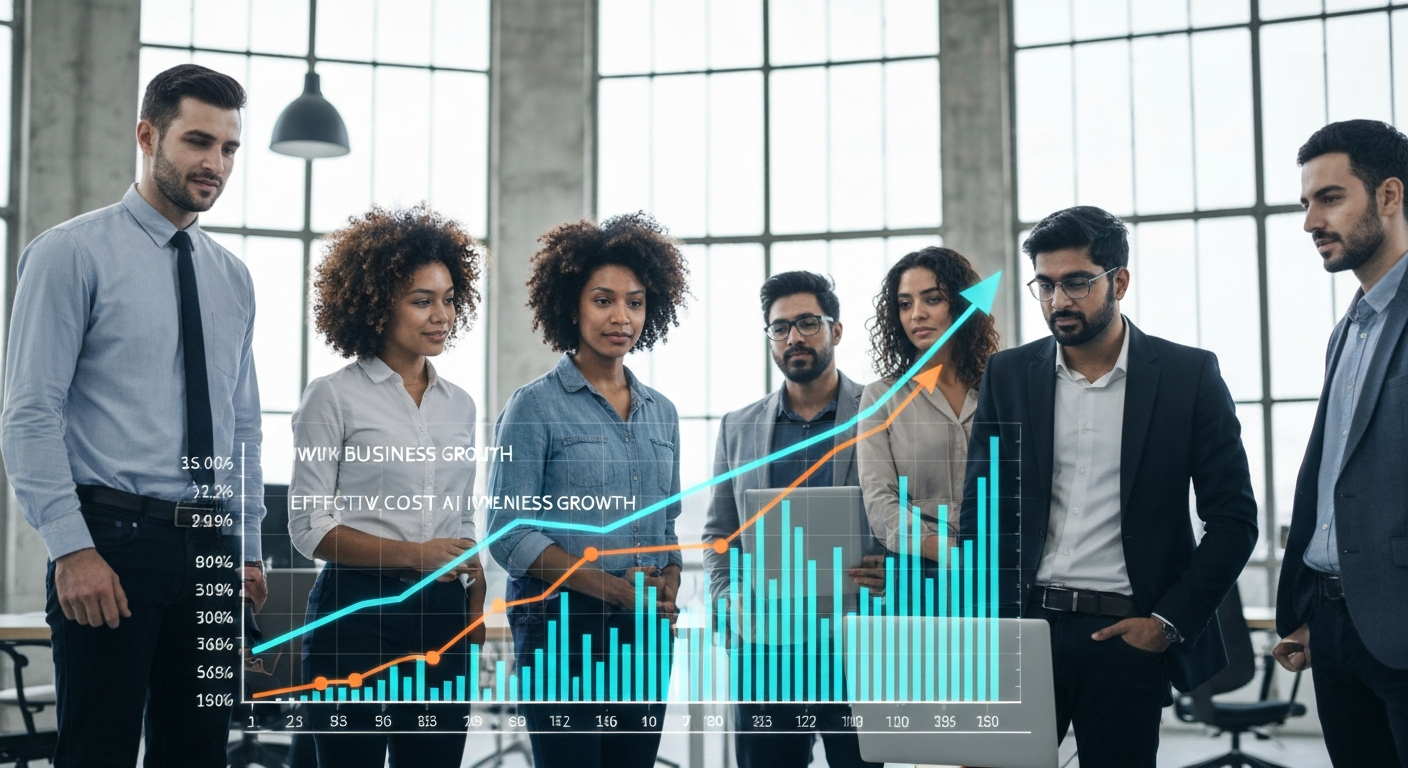 A diverse team of professionals in a modern office looking at a glowing upward trending chart