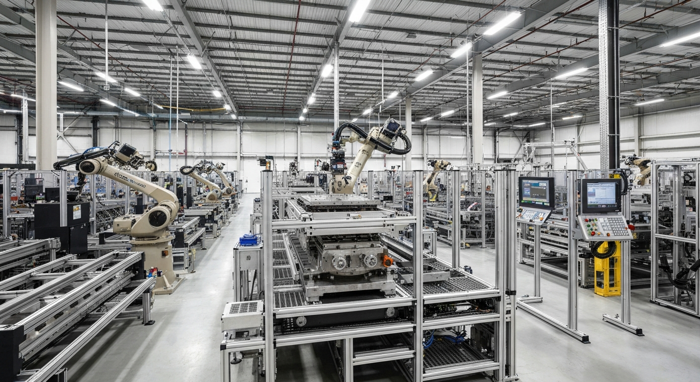 A modern manufacturing plant in North Dakota with advanced robotic arms and automated machinery