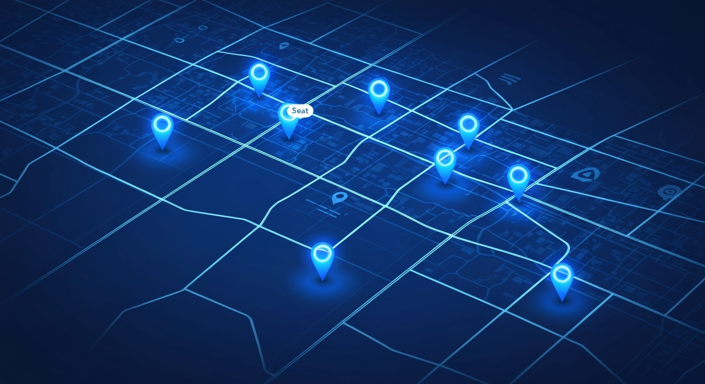 A futuristic digital map with glowing local business pins, representing local SEO and digital authority