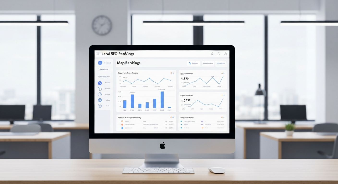 A modern dashboard showing local SEO analytics and map rankings on a sleek computer screen