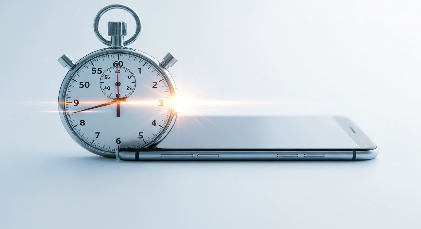 A glowing digital stopwatch merging with a smartphone, representing instant automated responses