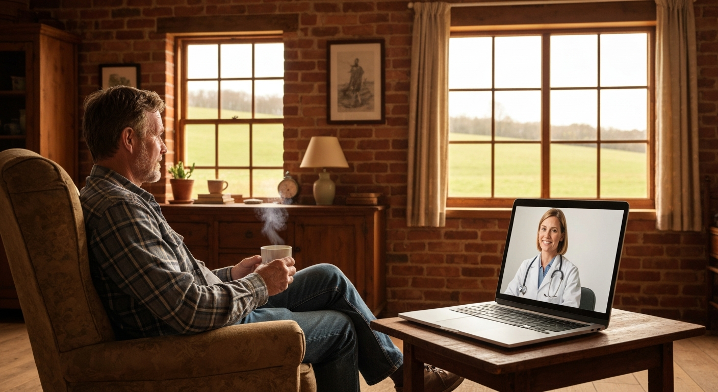 A warm, comforting scene of a person in a rural farmhouse living room consulting with a doctor via a modern laptop screen