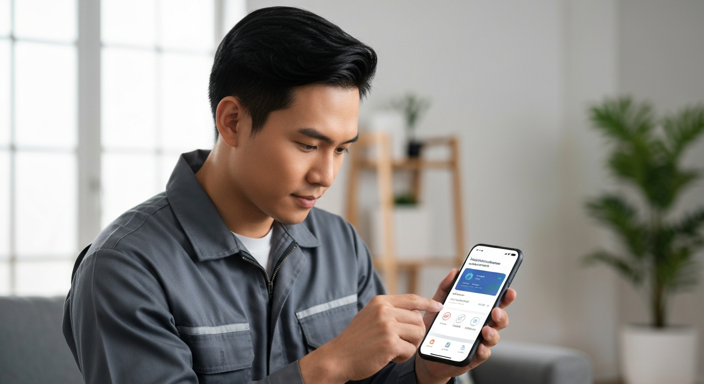 A professional HVAC technician looking at a modern smartphone app