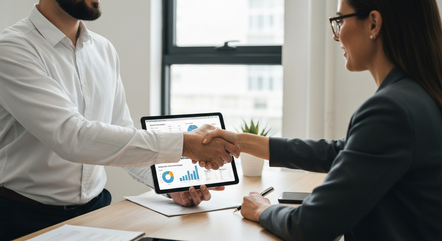 Two business owners shaking hands over a digital tablet showing financial funding and grants