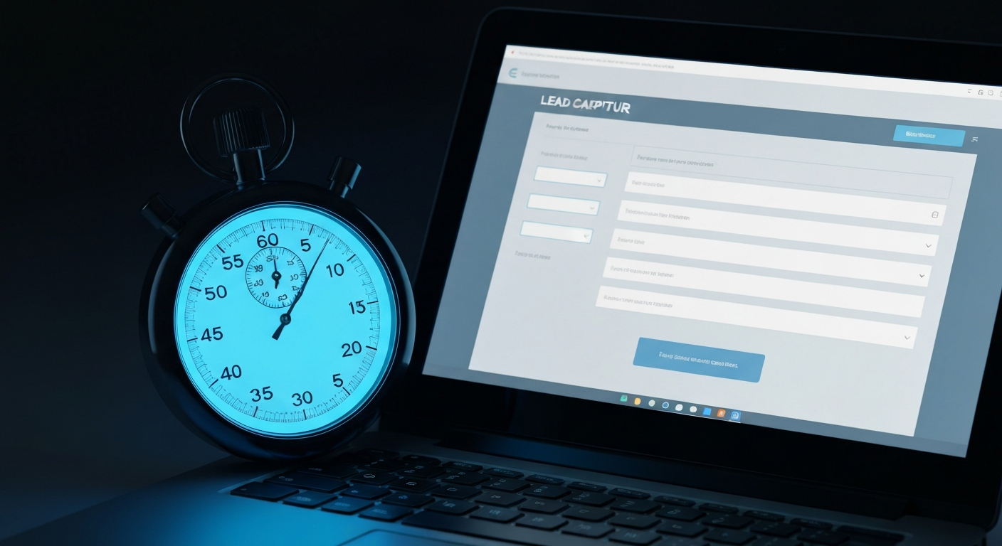 A stopwatch glowing with electric blue light next to a lead capture form on a computer