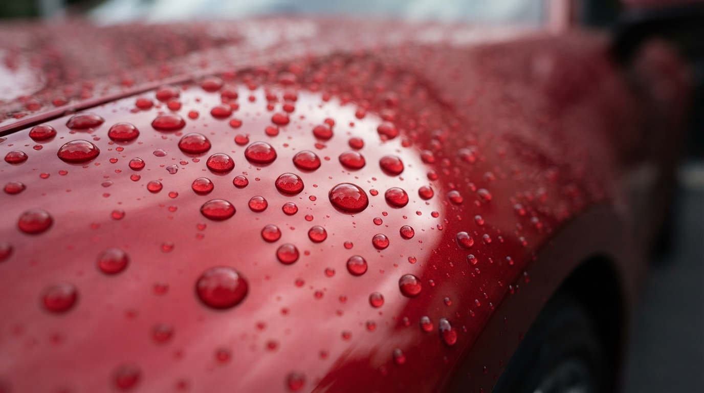 Water beading on ceramic coated car surface showing hydrophobic properties