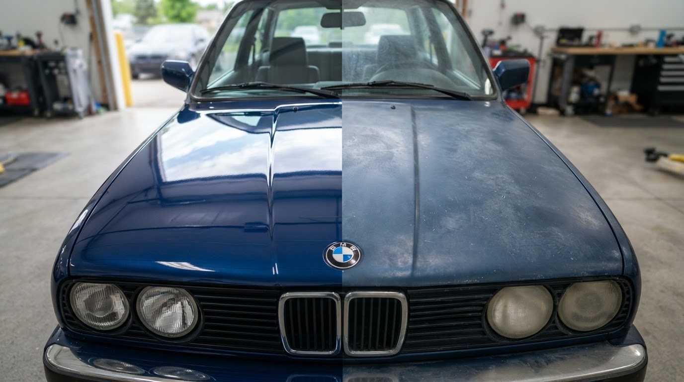 Side by side comparison of protected vs unprotected car paint