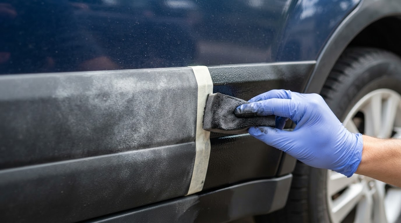 Exterior plastic trim being treated with restorer showing faded vs restored