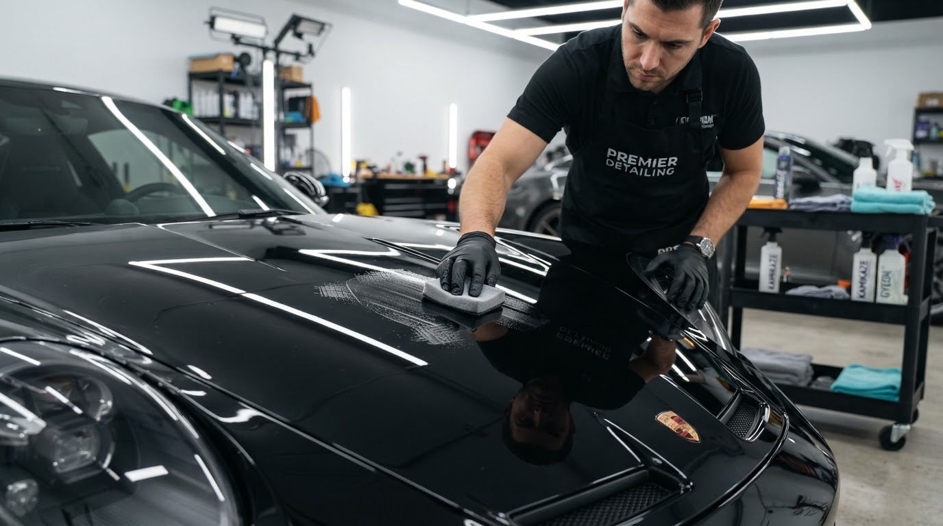 Professional detailer applying ceramic coating to a vehicle