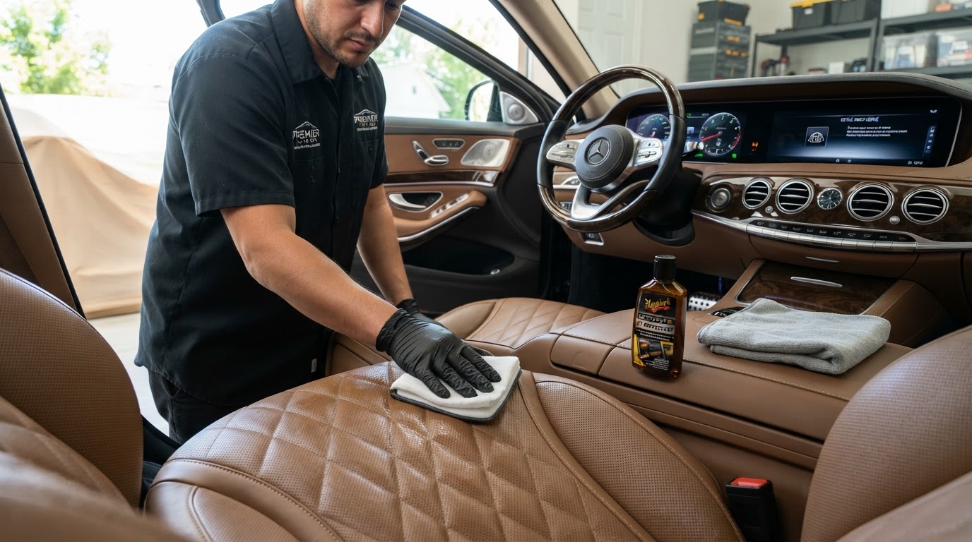 Professional interior detailing of vehicle dashboard and leather seats