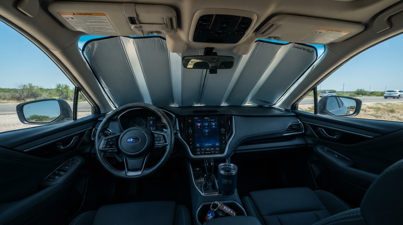 Vehicle interior with windshield sunshade protecting dashboard from Texas sun