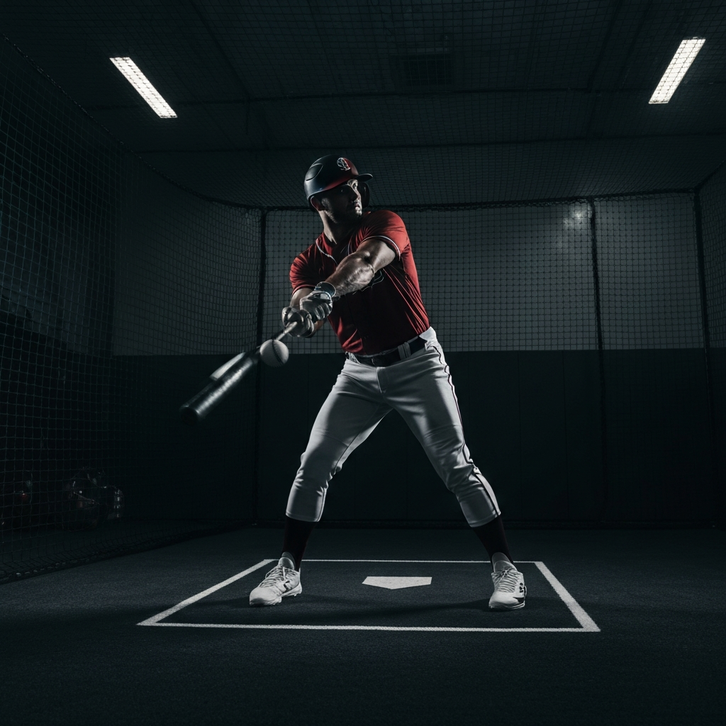 Baseball player swinging in batting cage
