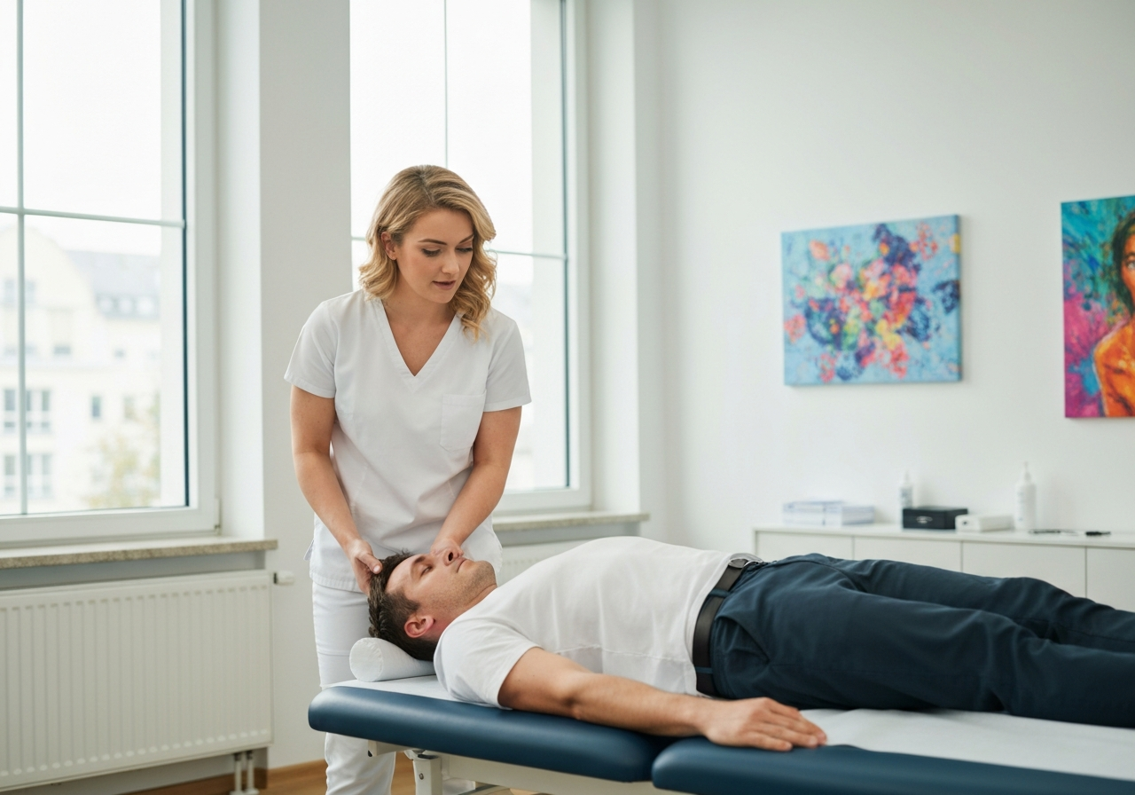 Physiotherapeutin behandelt Patienten in der Praxis - KI-Telefonassistent für Physiotherapie