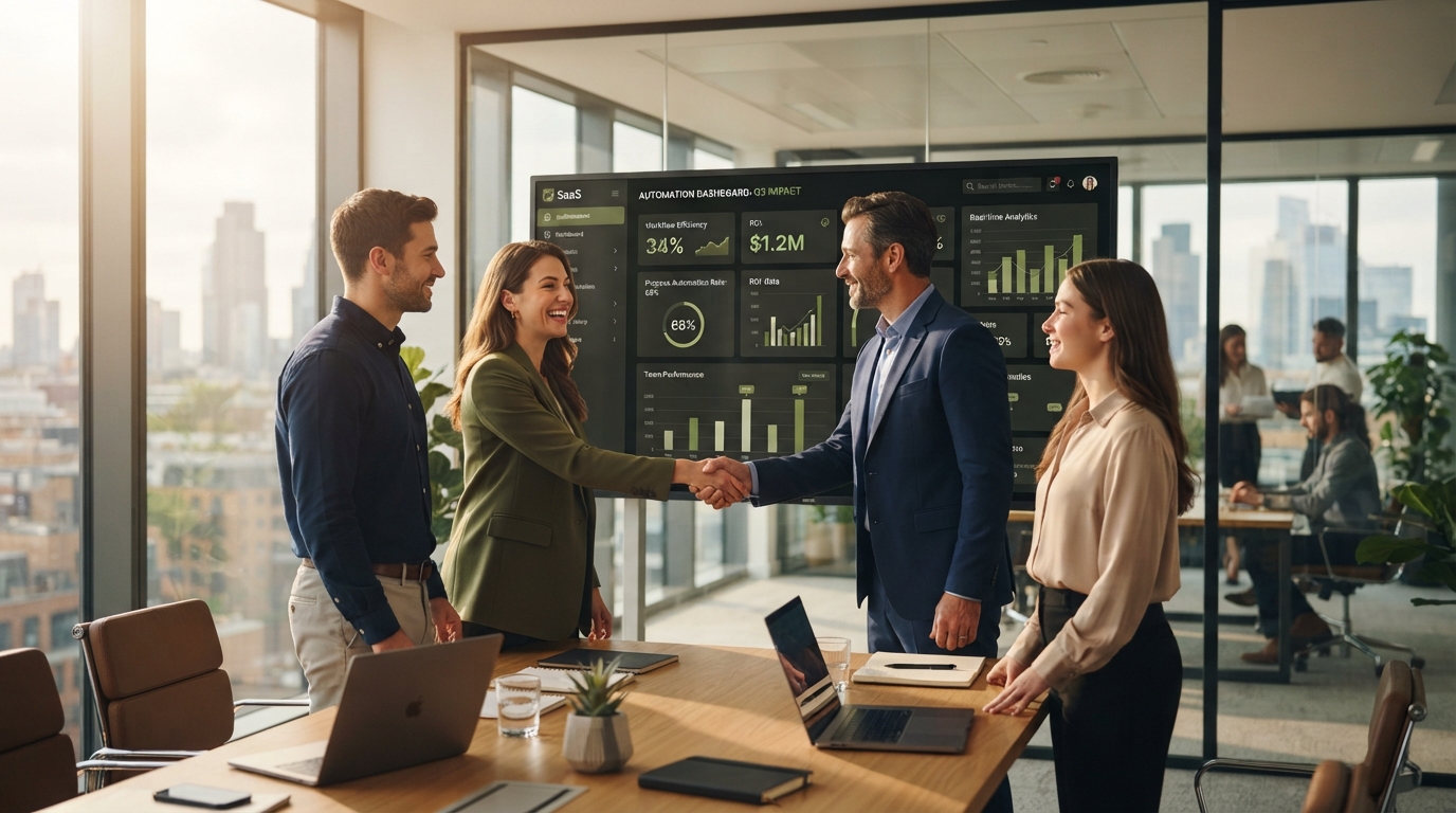 Equipo de Escala IA revisando dashboards de automatización en una oficina moderna