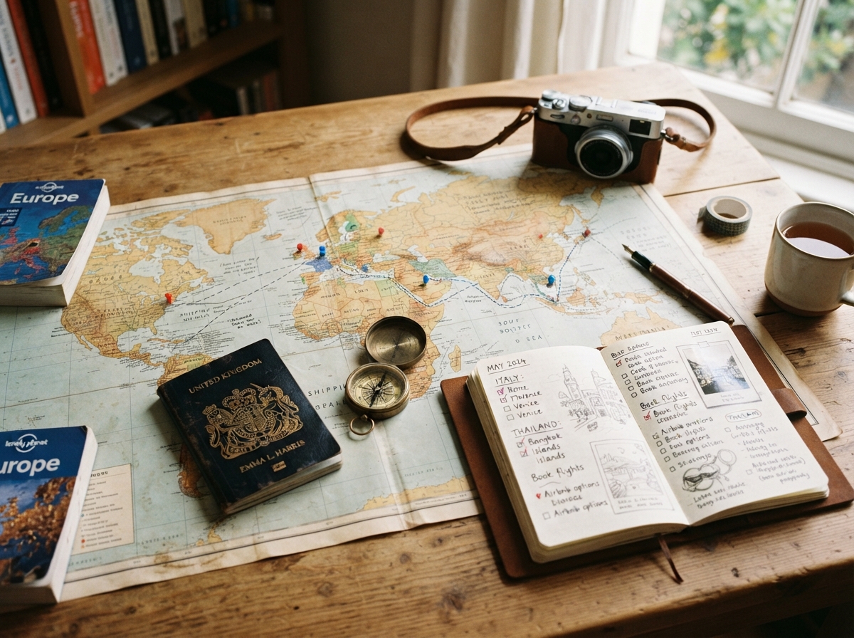 Travel planning scene with world map, passport, and compass on a wooden desk