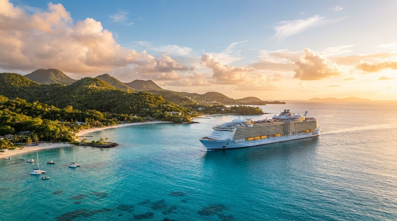 Luxury cruise ship sailing past a tropical Caribbean island at golden hour