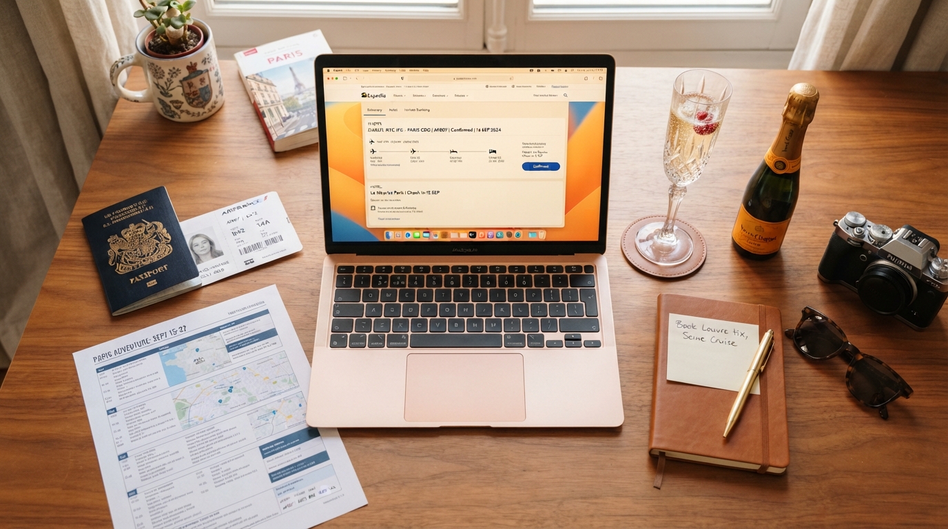 Organized travel booking desk with laptop, passport, and champagne