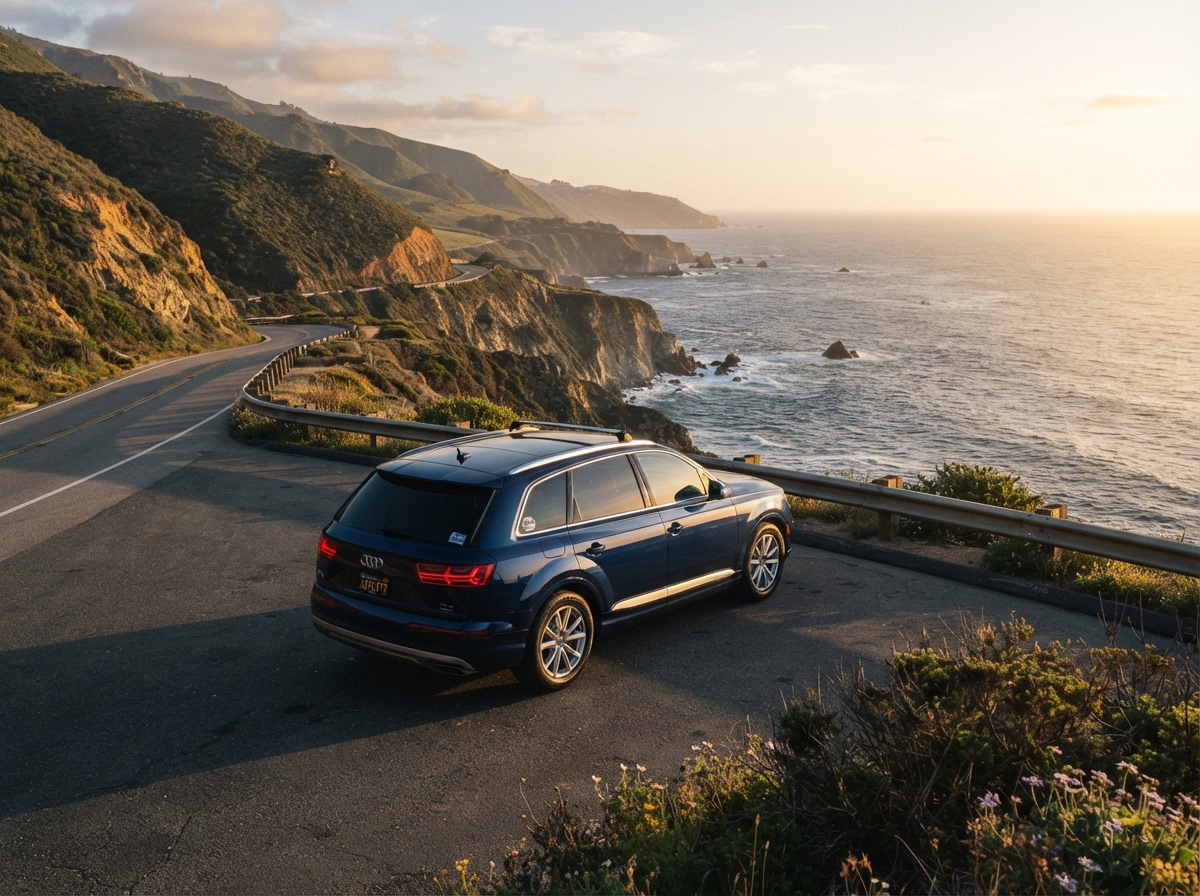 Premium rental car on a scenic coastal road with ocean views
