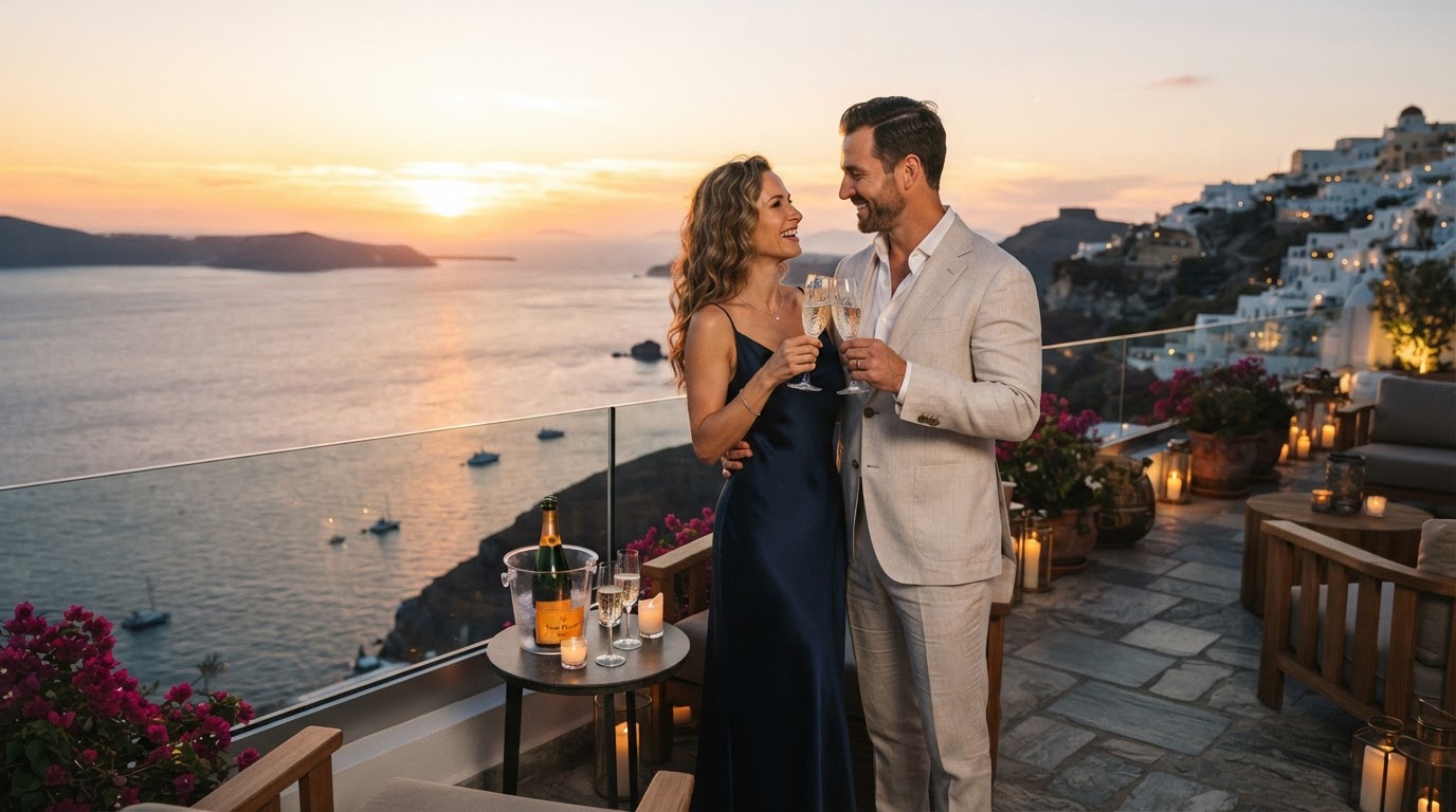 Couple celebrating their anniversary with champagne at a luxury oceanfront resort
