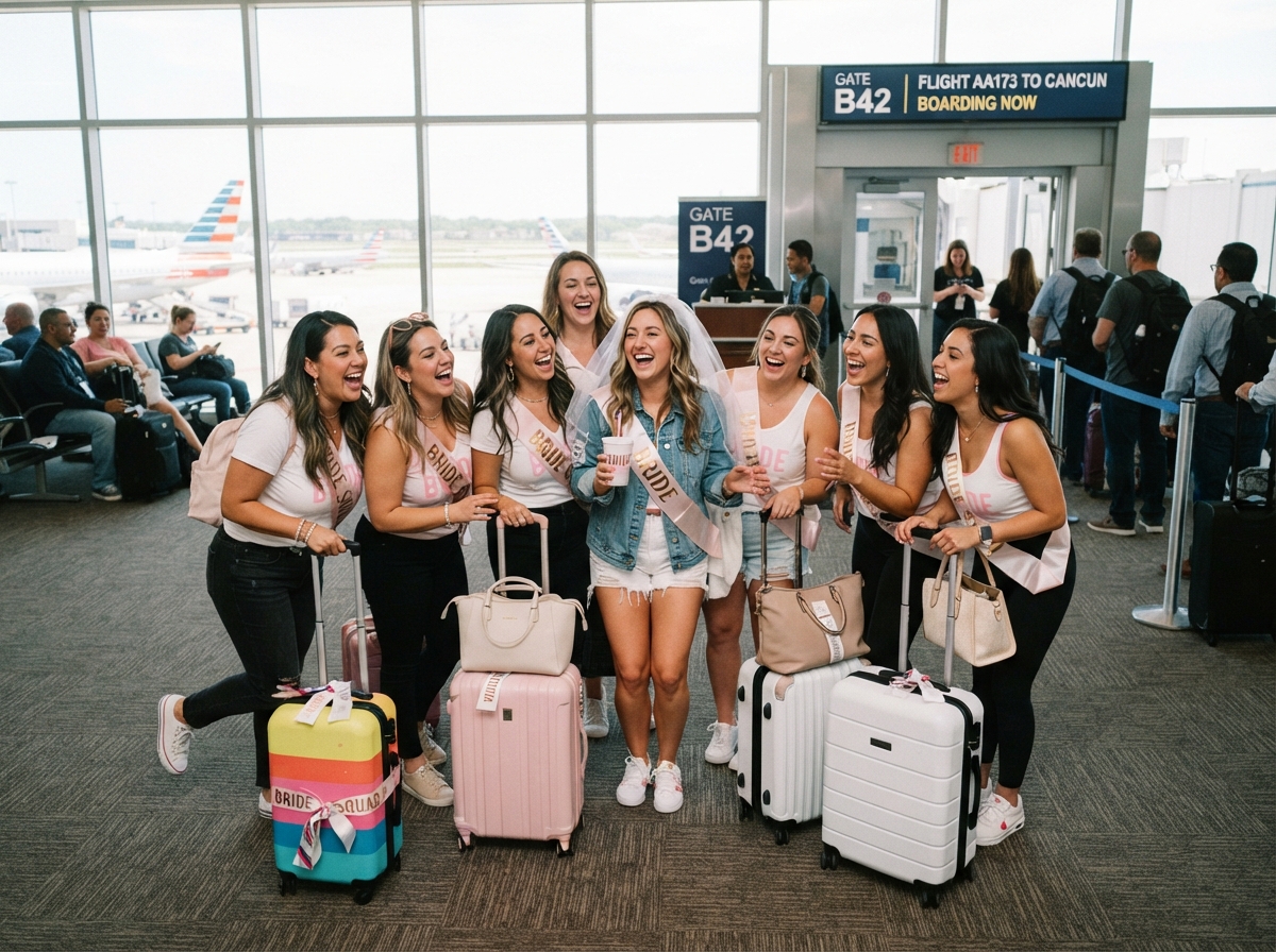 Bachelorette group at airport terminal ready to board flights