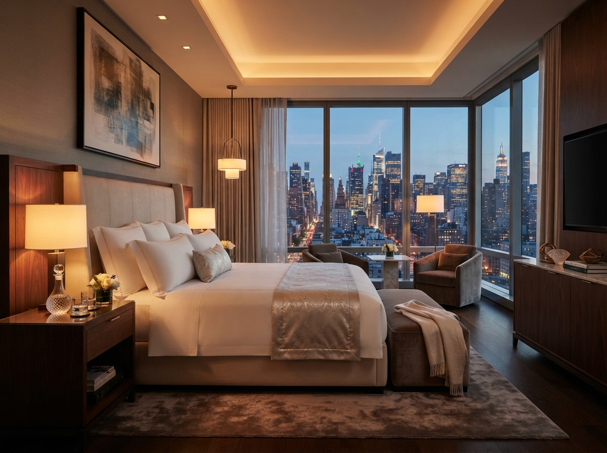 Luxurious hotel suite with floor to ceiling windows overlooking a city skyline
