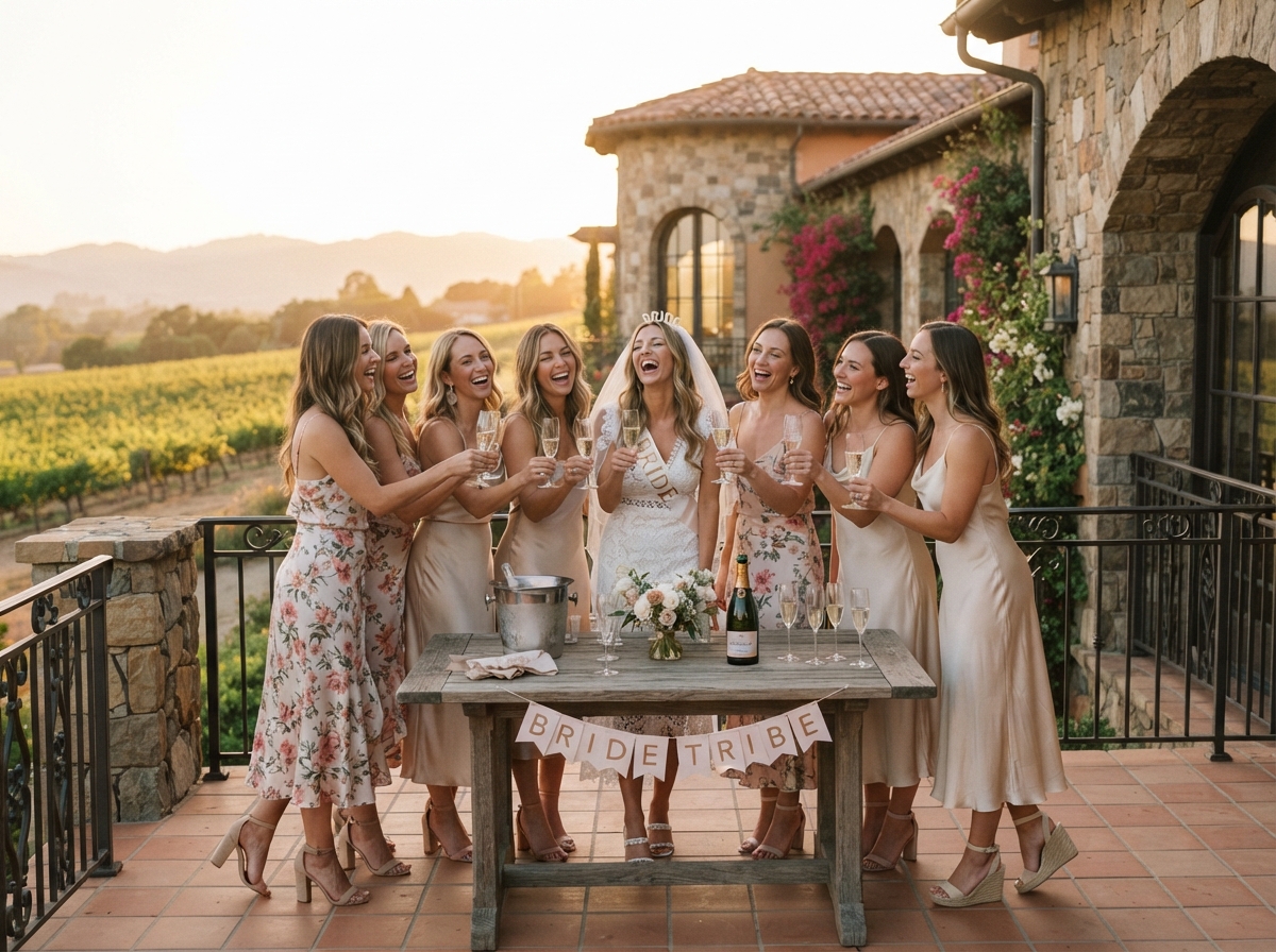Bachelorette party group celebrating with champagne at a wine country villa
