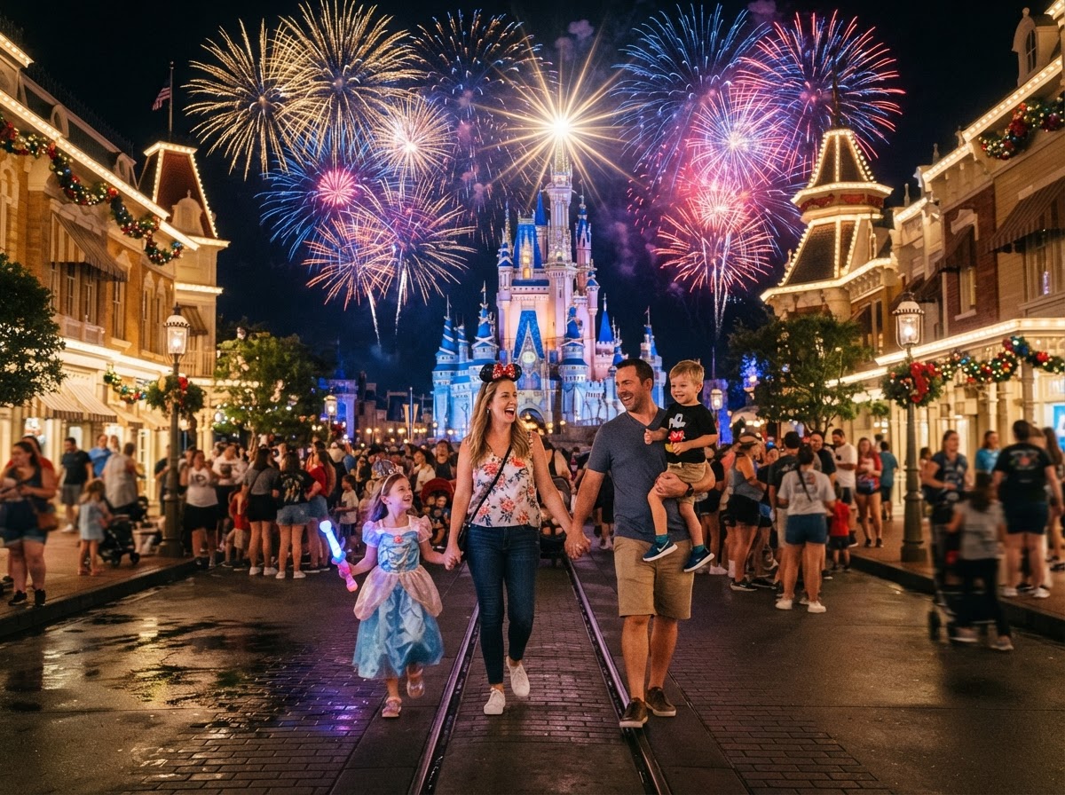 Family enjoying a magical Disney theme park vacation with castle and fireworks