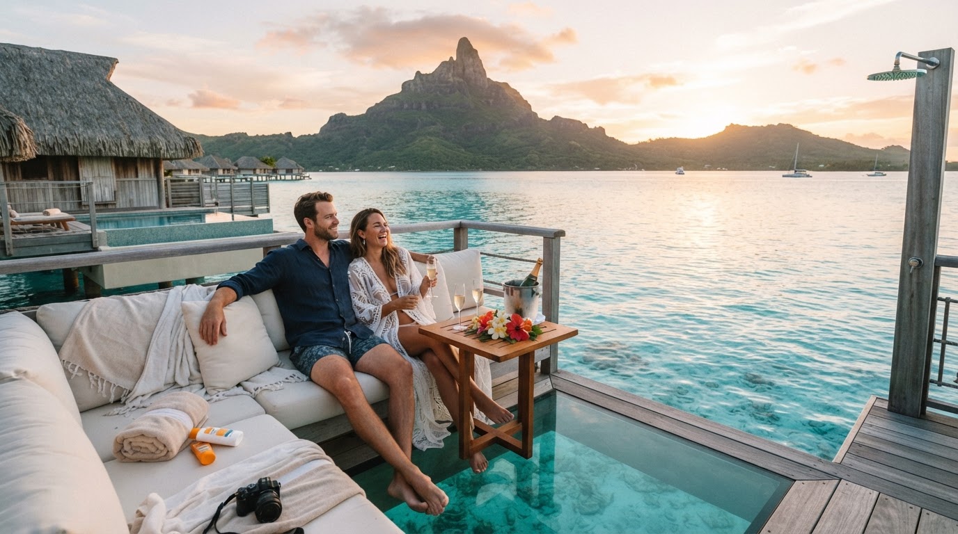 Couple enjoying their honeymoon in an overwater bungalow in Bora Bora