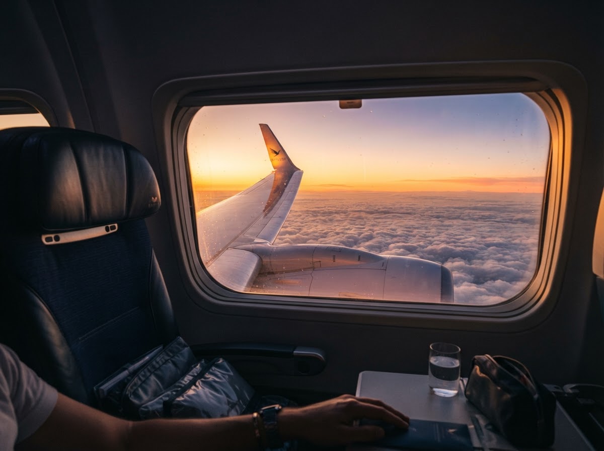 Airplane wing view from cabin window at golden hour above the clouds