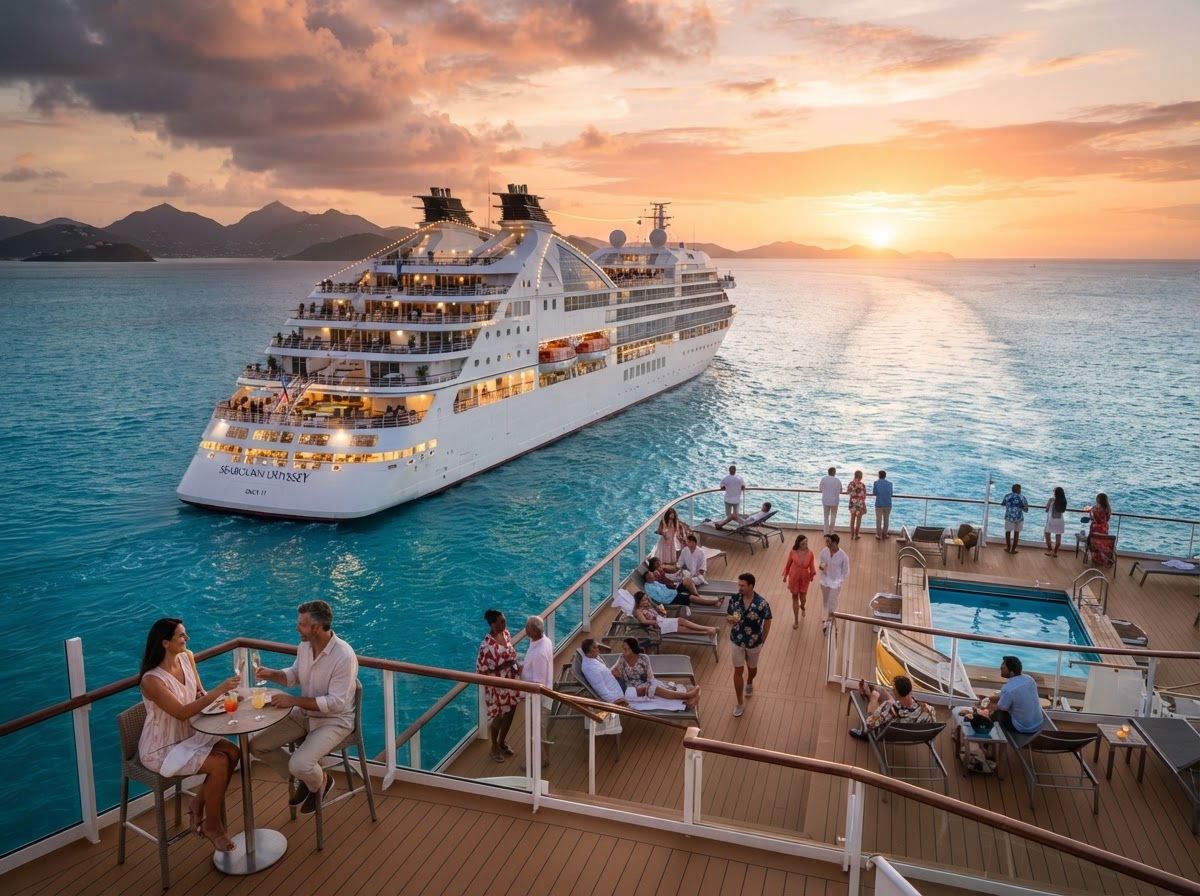 Luxury cruise ship sailing through crystal clear Caribbean waters at sunset