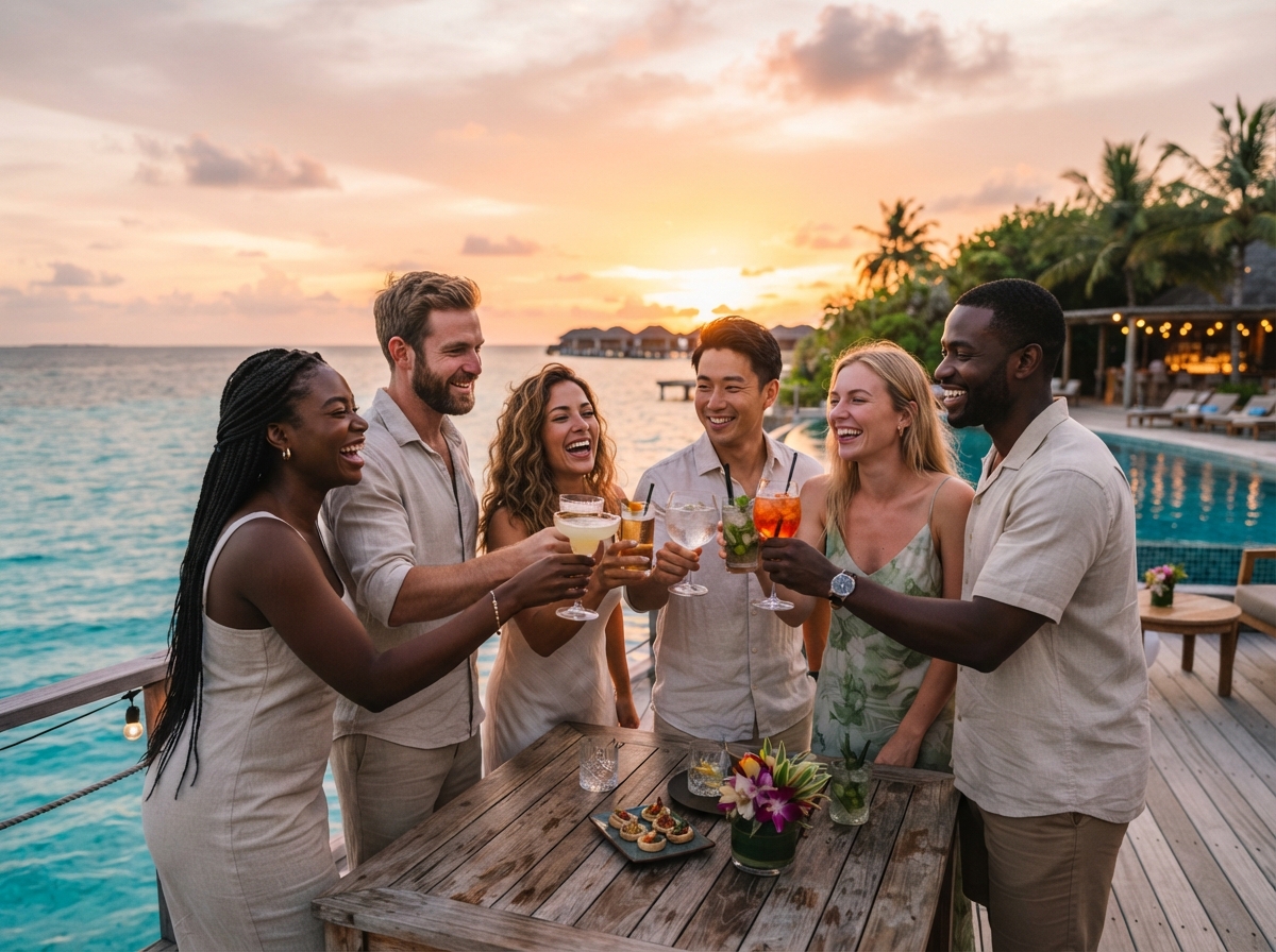 Group of friends celebrating together at a beautiful tropical resort