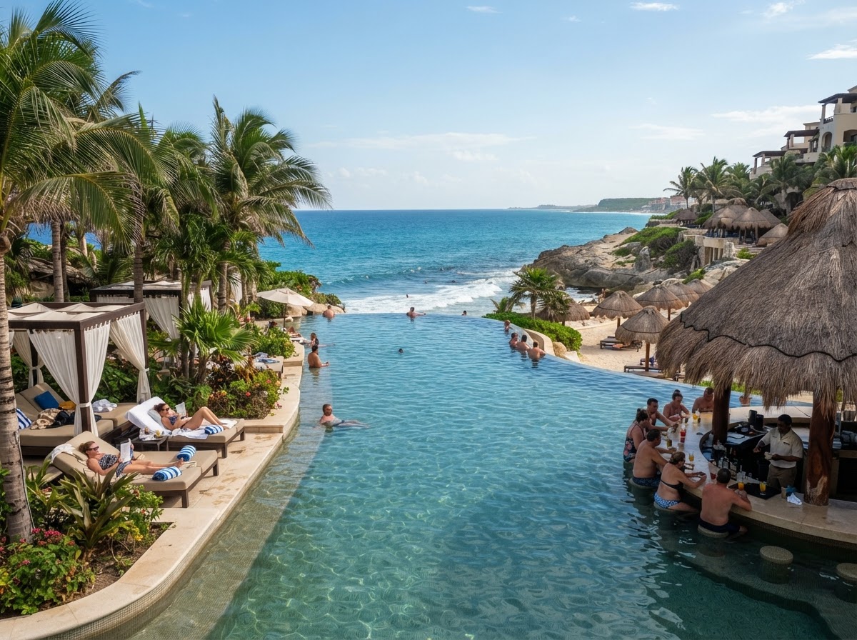 Stunning all-inclusive luxury resort infinity pool overlooking the ocean